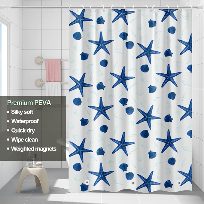 Plastic Shower Liner - Premium PEVA 4G Shower Curtain Liner with Rustproof Grommets and 3 Weighted Magnets, Waterproof Shower Curtain for Bathroom… (Shellfish and Starfish, 72”*72”)