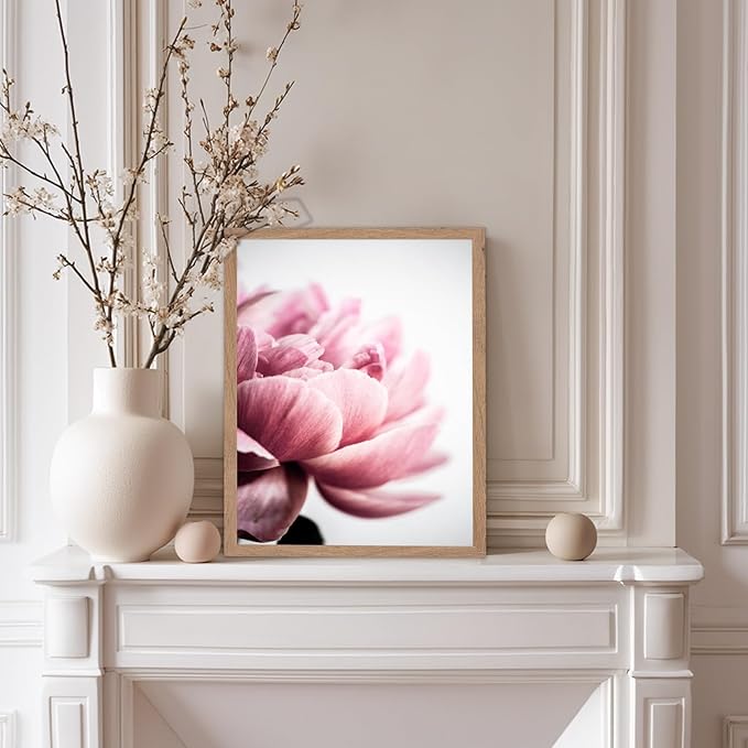 Monem Art Pink Peony Macro Photography Print - Minimalist Floral Art Poster - Wall Decor for Living Room, Bedroom or Office - 8x10 Beige Framed Wall Art by Mareike Bohmer