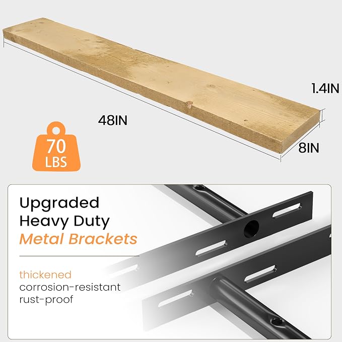 Fun Memories 48 Inch Reclaimed Wood Floating Shelves for Wall, 8 Inch Deep Heavy Duty Rustic Farmhouse Floating Shelf with Invisible Brackets for Fireplace Mantel & Coffee Bar, Natural