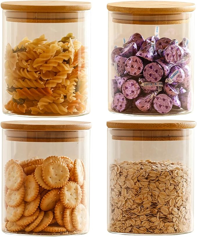 Oiuwuig Glass Food Storage Jars Containers with Airtight Bamboo Lids Set of 4 Kitchen Glass Canisters For Coffee Flour Sugar Candy Cookie Spice and More 750 ML