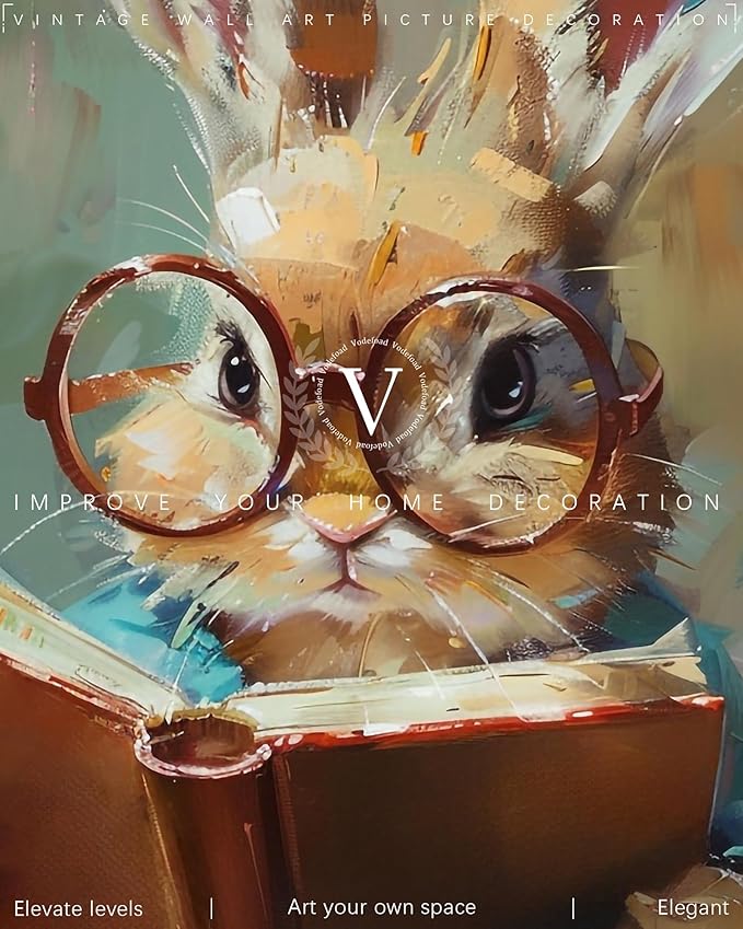Vodefoad Cute Easter Bunny Reading Book Print Art Vintage Tiny Rabbit Big Glasses Wall Art Pring Nursery Painting Cute Animal Wall Decor Light Academia Decor Whimsical Rabbit Decor - 8x10Inch Unframe