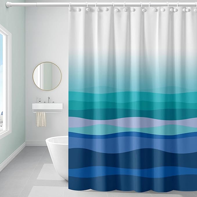 Plastic Shower Curtain Liner, Premium EVA 5G Wave Shower Curtain, Shower Curtains for Bathroom with 3 Magnetic Weights and Rustproof Grommets (Blue-Green Wave, 72x72 in)