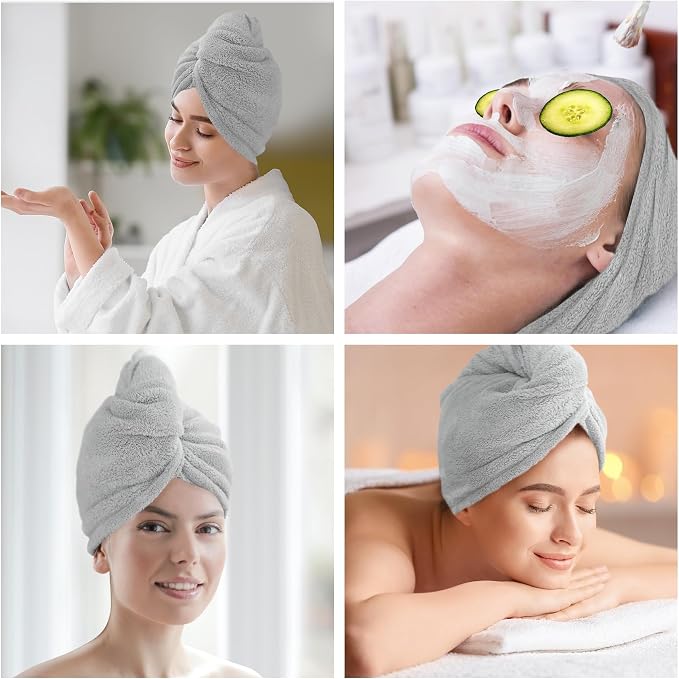 2 Pack Microfiber Hair Towel Wrap for Women Super Absorbent Quick Dry Hair Turban for Drying Curly, Long & Thick Hair 10 inch X 26 inch Lightgrey+Lightgrey