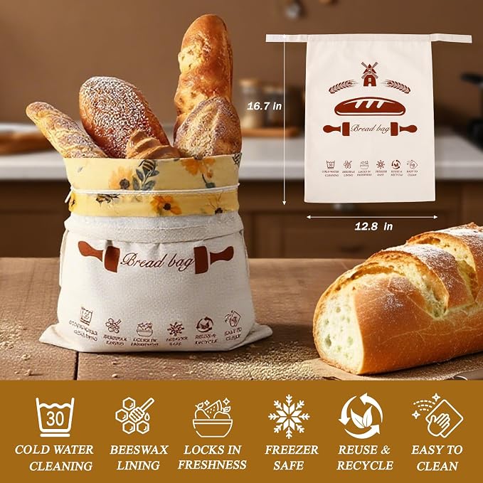 1 Pack Beeswax Bread Bags & Canvas Bags for Storage for Sourdough, Bees Wax Homemade Bread, Removable Patterned, Easy to Clean (16.7x12.8 In), Organic Cotton, Double Freshness Zipper & Velcro