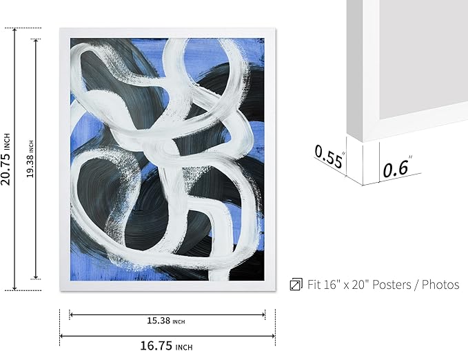 Monem Art Bold Blue Brushstroke Abstract Print - Modern Textured Line Art Poster - Wall Decor for Living Room, Bedroom or Office - 16x20 White Framed Wall Art by Mareike Bohmer
