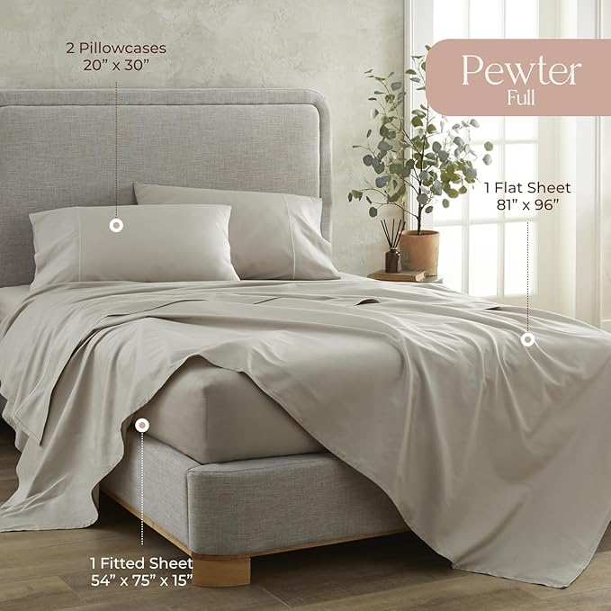 100% Organic Cotton Sheets Full Size - GOTS Certified Organic Bed Sheets with Deep Pocket 300 Thread Count & Cozy Sateen Weave Gets Softer with Each Wash - Luxury 4 Piece Set (Pewter, Full)