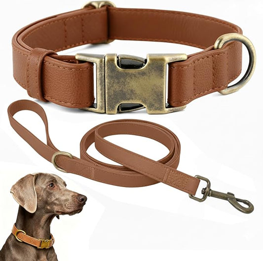 Dog Collar and Leash Set,Leather Silicone Waterproof Odor-Proof Dog Collar and Leash for Medium Dogs, Soft Flexible Dog Collars, Durable Thick Adjustable Pet Collar (Brown, Medium (12.5-20" Neck))