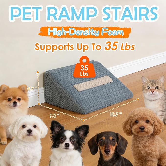 Foam Dog Ramp for Stairs, Low-Impact Climbing Dog Stairs for Senior Dogs | 5.1"H, 2 Pack, 40D High-Density Foam Won't Collapse, Protects Joints, Anti-Slip & Self-Sticky Pads, Washable Cover, Grey