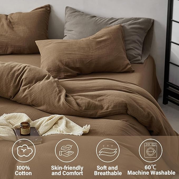 Muslin Duvet Cover Set 100% Cotton King Size,Double-Layer Linen Like Gauze Comforter Cover Brown 3 Pieces,Okeo-tex 100 Certified Duvet Cover 104"x90" with 2 Pillowcases for All Season