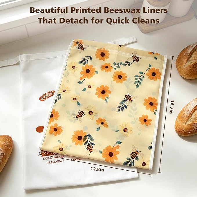 Beeswax Bread Bags with Dual Seal Removable Liner for Homemade Sourdough | 2 Pack XL reusable organic cotton bags with removable easy‑clean printed liner, zipper & hook‑loop seals to keep loaves fresh