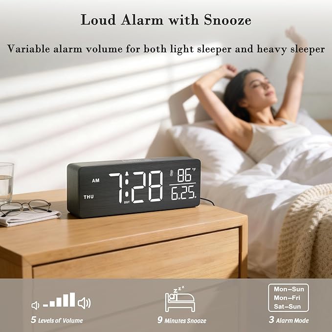 DreamSky Wooden Digital Alarm Clocks for Bedrooms – Large Display Desk Clock with Date & Day of Week for Living Room, Temperature, Dimmer, Adjustable Volume, Auto DST, Office Wood Décor (Plug-in)