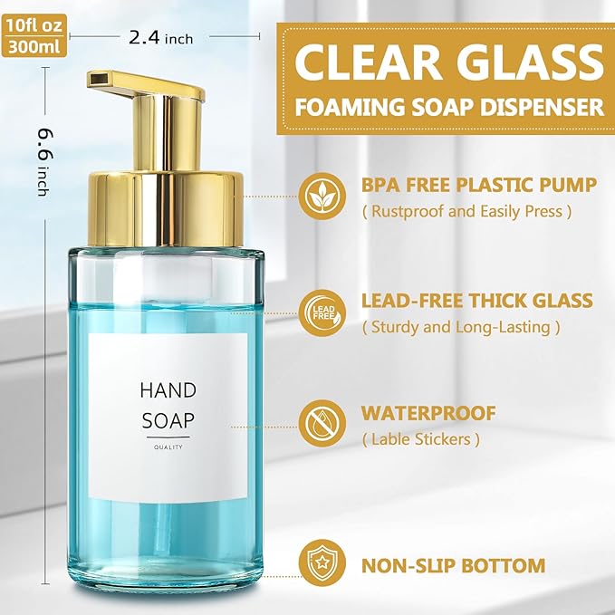 RYTOXILO Foaming Soap Dispenser, 10 oz/300ml Gold Soap Dispenser, 2 Pack Glass Foaming Hand Dispenser for Bathroom & Kitchen, Clear Refillable Foam Bottle with Waterproof Labels
