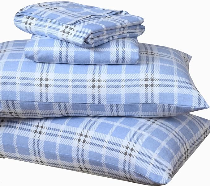 Briarwood Home® Printed Flannel Sheet Set, 100% Natural Cotton, Soft, Warm & Deep Pocket, Advanced Nano-Tech Making it Resistance to Pilling; Brushed 6 Times for Softness (Blue Plaid, Full)