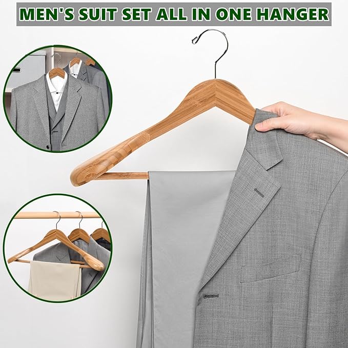 Amber Home 6 Pack Wide Shoulder Bamboo Wood Suit Coat Hangers, Wooden Clothes Hangers with Pants Bar, Heavy Duty Jacket Hangers for Dress, Pants, Heavy Clothes