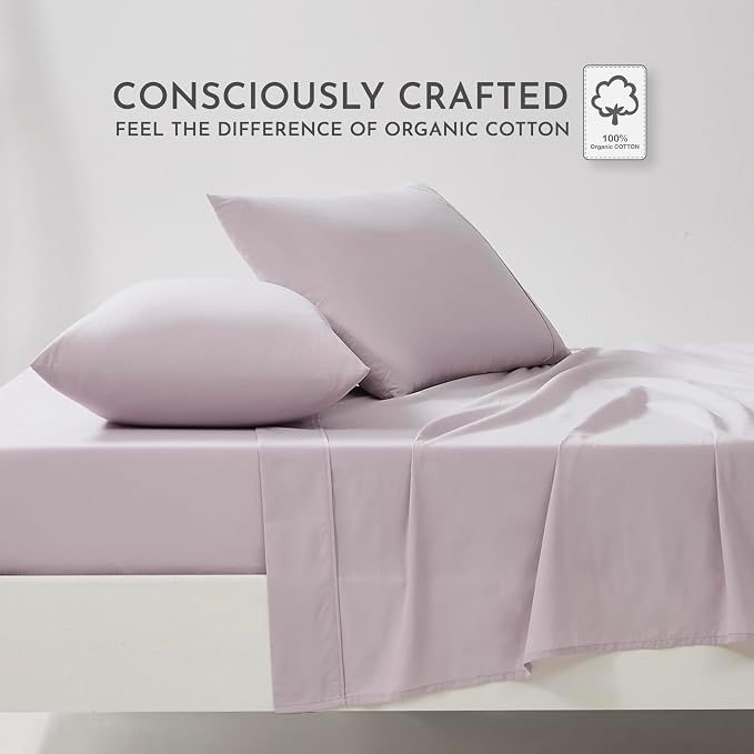 Linen Closet 100% Organic Cotton Queen Sheets Set - 4 Pieces Percale Weave Cooling Bed Sheets for Hot Sleepers - 16" Deep Pocket Fitted Sheet - Crisp, Breathable & Brushed for Softness - Lavender