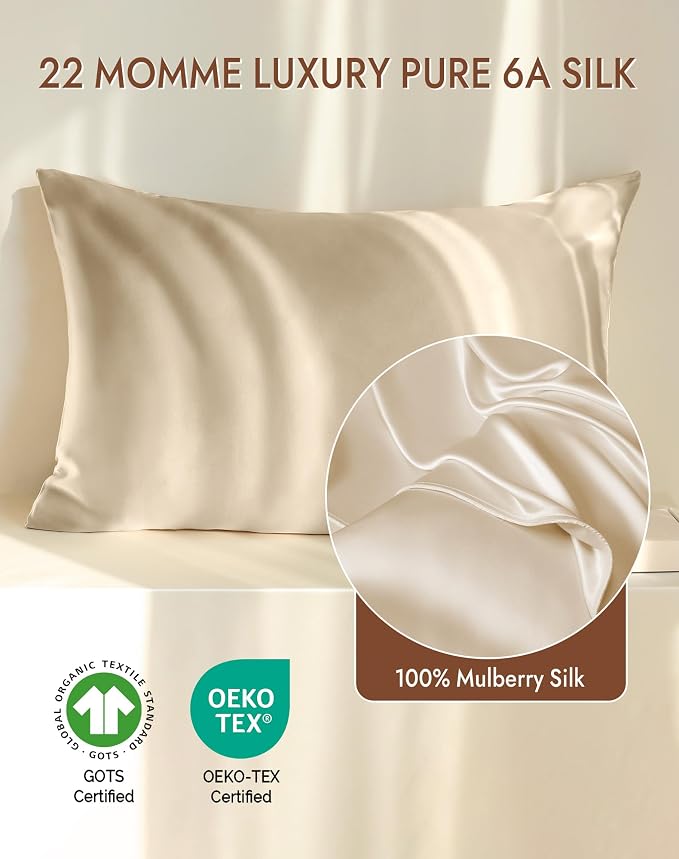 SilkSilky 100% Mulberry Silk Pillowcase - Pure 22 Momme High-Grade 6A Fibers for Hair & Skin, Hidden Zipper, Natural, Organic, Breathable & Cooling Pillow Case (Standard 20''x26'', Beige)