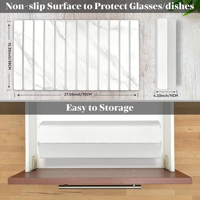 Large Stone Dish Drying Mat for Kitchen Counter, Quick Dry Dish Drying Mats, Foldable Absorbent Diatomaceous Earth Mats for Dishes Bottles Cup, Match Any Countertop (White Marble 28"×16" & 8"x4")