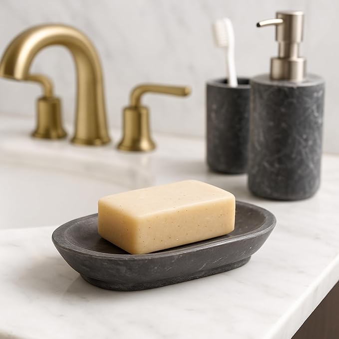 Luxury Hand Carved Natural Charcoal Marble Soap Dish, 3.8 x 5.8 x 0.9 H Inch