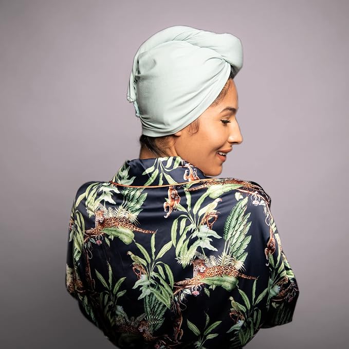 2 Pack T-Shirt Hair Plopping Towel for All Textures - Cotton Blend Water Absorption Turban with Secure Button - Moisture Gentle Styling and Setting Wrap - Sage & Pink