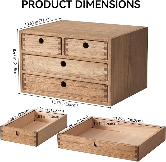KIRIGEN Wood Desktop Storage Cabinet with 4 Drawers, 3-Tier Desk Organizer for Letter-Size Paper, Mail, Home Office Supplies, Makeup, Crafts, Desk or Countertop, Fully Assembled, Brown WJG34-DBR