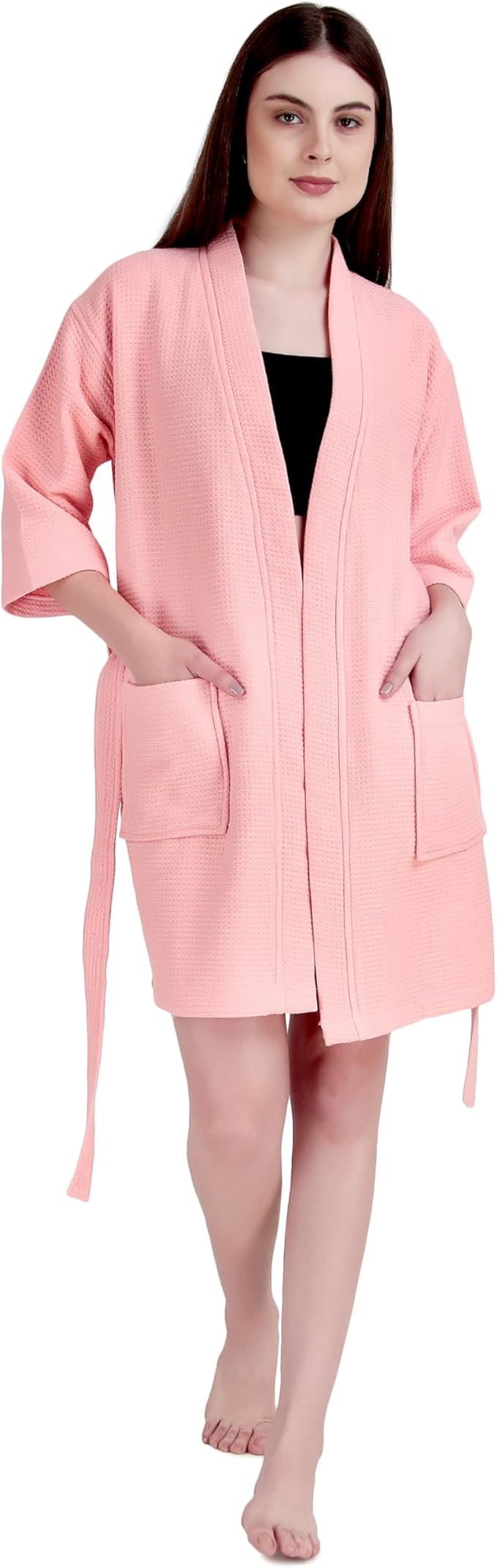 ALLEN & MATE 100% Cotton Women's Short Robe Dual Fabric Waffle Outside & Terry Towel Inside Kimono Bathrobe Medium Weight