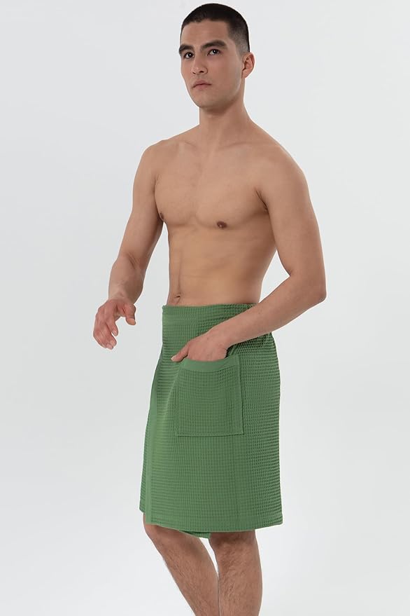 SEYANTE Men's Organic Waffle Spa Wrap – GOTS Certified 100% Turkish Cotton, Adjustable Closure, Same-Color Piping