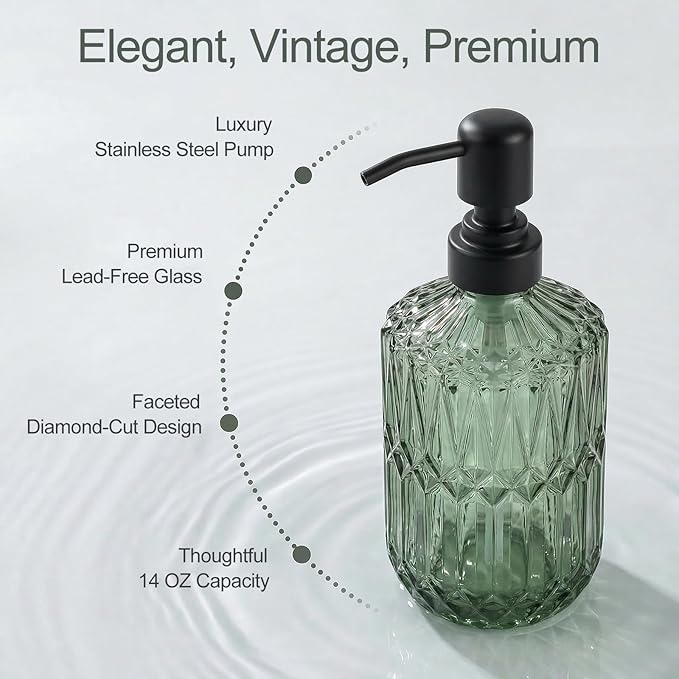 2-Pack Green Glass Soap Dispenser for Bathroom, Decorative Hand Soap Dispenser with Black Rust Proof Pump, Farmhouse Kitchen Soap Dispenser for Hand Soap, Dish Soap, Lotion, Body Wash (14 OZ)