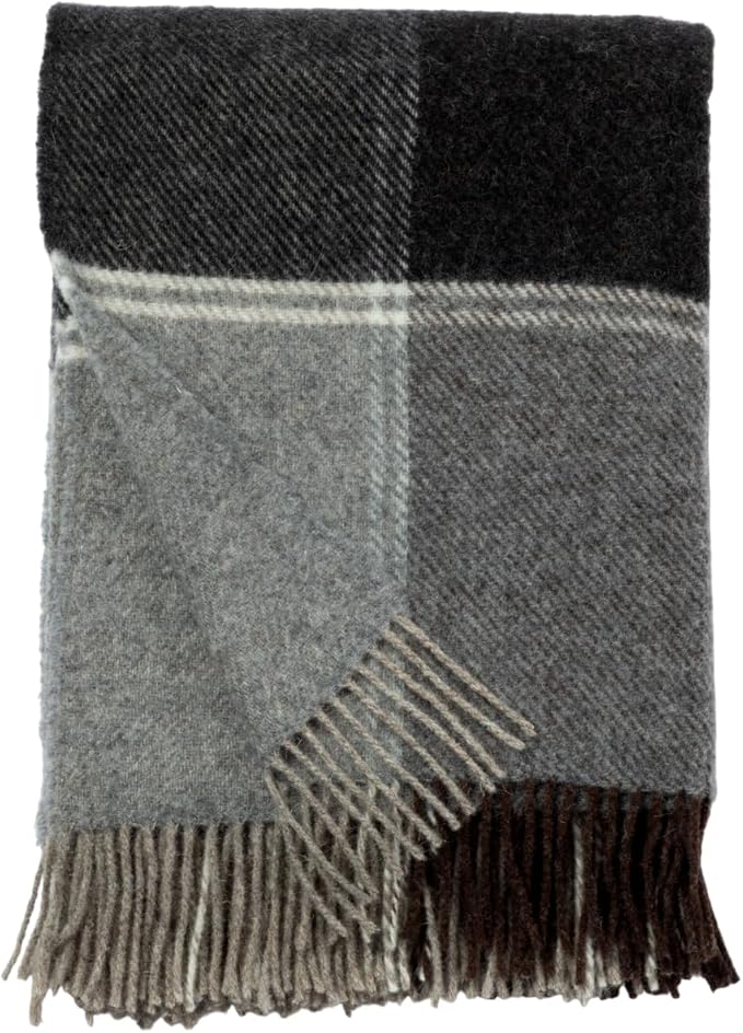 Ukrainian 100% Wool Throw Blanket – Handmade Elegant Cozy Fringed Wool Blanket for Couch, Bed, Sofa & Home Decor, Durable Plaid Herringbone Weave, Fair Trade Artisan Made (Peat Gray, Plaid)
