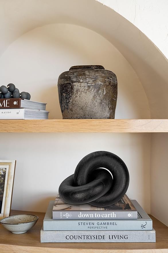 Table Decor Handcrafted Wooden Knot Sculpture Decor – Modern Nordic Style Decorative Accent for Home, Office, Shelf, and Console Table – Matte Black Finish, 7"x4.7"