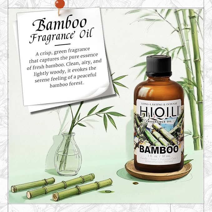 HIQILI Bamboo Fragrance Oil for Candle & Soap Making - 1 Fl Oz | Suitable for Essential Oils Diffuser, DIY Room Air Fresheners, Long-Lasting New Car Scent, Graduated Dropper Included