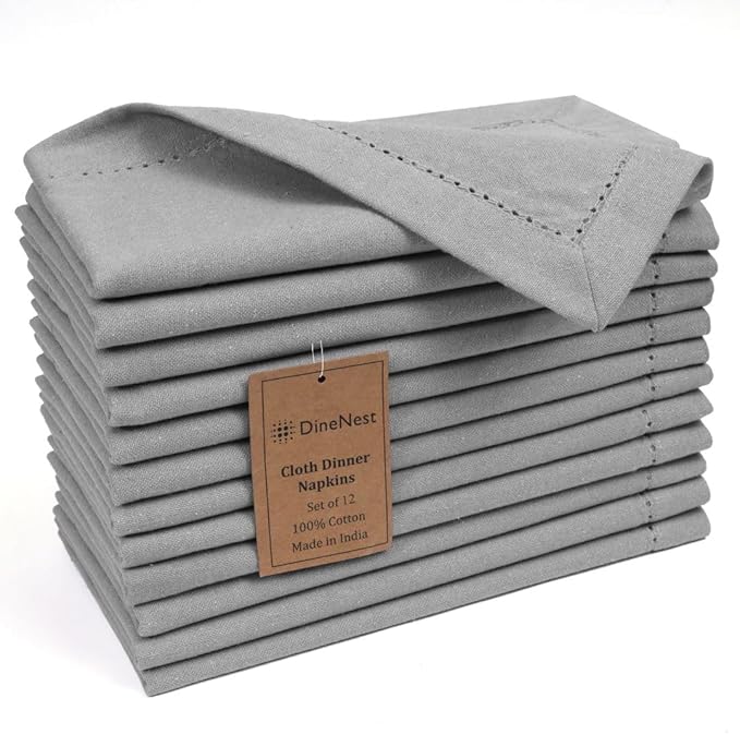 Hemstitch Cloth Dinner Napkins 100% Cotton Set of 12 - for Dining Special Occasions Weddings Parties Holidays Easter - Soft Durable Washable - 18x18 Inch Table Cloth Napkins Light Grey