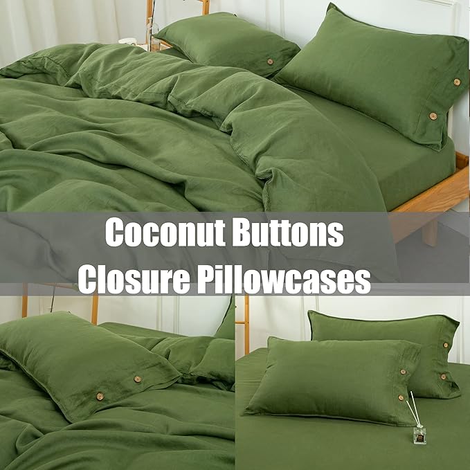 S VICTORY SYMBOL 100% Organic Linen Duvet Cover Set King Size 3pcs,Natural French Washed Flax Comforter Cover 106"x92"(1 Duvet Cover and 2 Pillowcases) Coconut Button Closure (Juniper Green)