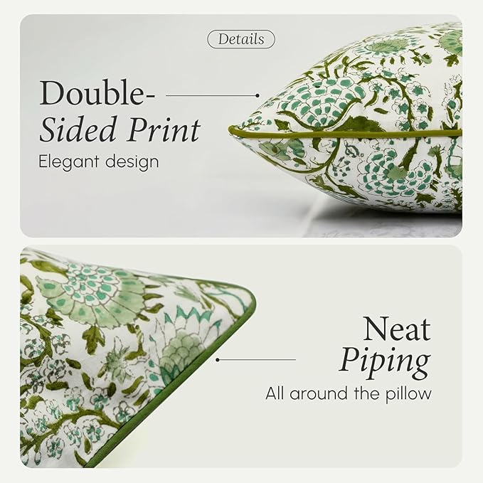 CPC 100% Cotton Throw Pillow Covers 16x16 Inch, Set of 2 Pink Block Print Pattern Couch Pillow, Cute Boho Decorative Pillows for Living Room, Bedroom with Hidden Zipper- Agate Green