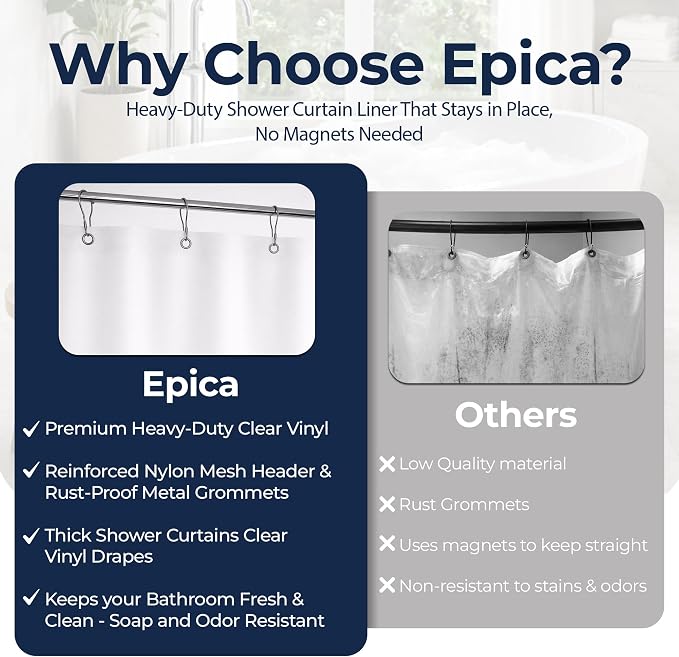 Epica Shower Curtain – Strongest Heavy-Duty Clear Vinyl 72x72 Shower Curtain Liner – Stain & Soap Scum Resistant with Rust-Proof Metal Grommets (White)
