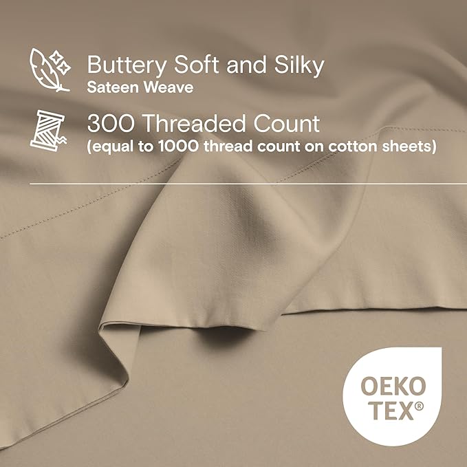 DOZ Sheet Set, 100% Viscose derived from Bamboo, Organically Grown, Buttery Soft, Cooling Sheets, High GSM, Deep Pockets - 4 Piece - 2 Pillowcases 1 Fitted Sheet 1 Top Sheet (Dune, King)