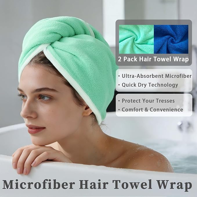 VOOVA & MOVAS Green & Navy Microfiber Hair Towel Wrap for Women, 2 Pack Elastic Loop Hair Turban, Ultra Soft Anti Frizz Fast Drying Curly Hair Towel, Highly Absorbent Reduce Heat Damage