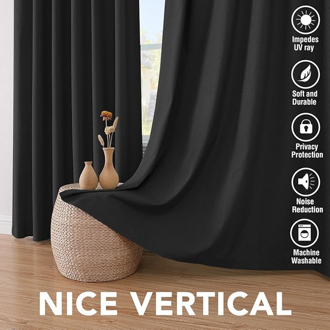 H.VERSAILTEX Blackout Curtains Linen Curtains 120 inches Long 100% Black Out Curtains for Bedroom Windows, Textured Linen Look Draperies Grommet with White Liner, 2 Panels, Black