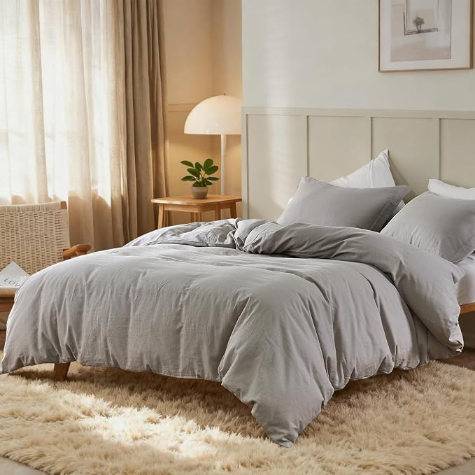 Simple&Opulence French Linen Duvet Cover Set 88" x 92"- 3 Pieces (1 Comforter Cover,2 Pillowcases)- Natural Flax Cotton Blend-Solid Color Breathable Farmhouse Bedding-Grey, Queen