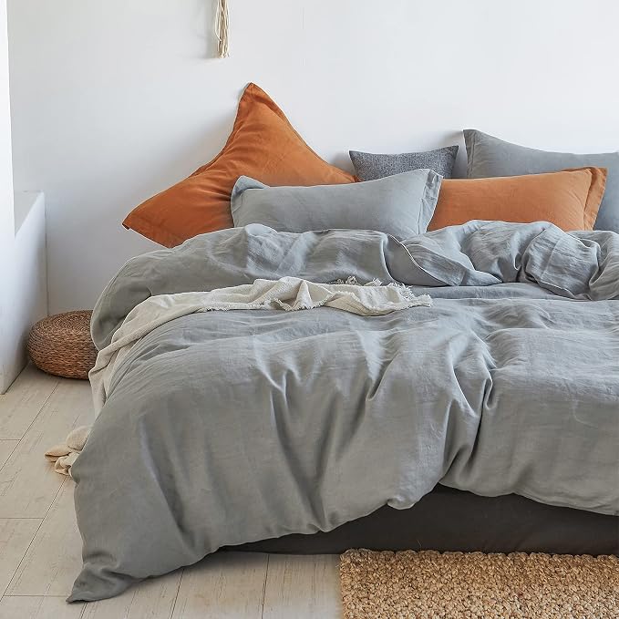 Simple&Opulence 100% Linen Duvet Cover Set 2pcs Basic Style Natural French Washed Flax Solid Color Soft Breathable Farmhouse Bedding with Button Closure - Ultimate Grey, Twin