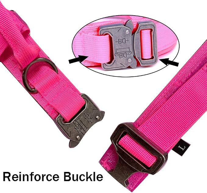 Tactical Dog Collar and Leash Set Adjustable Military Nylon Dog Collar with Control Handle and Heavy Duty Metal Buckle for Large Dogs（Pink M