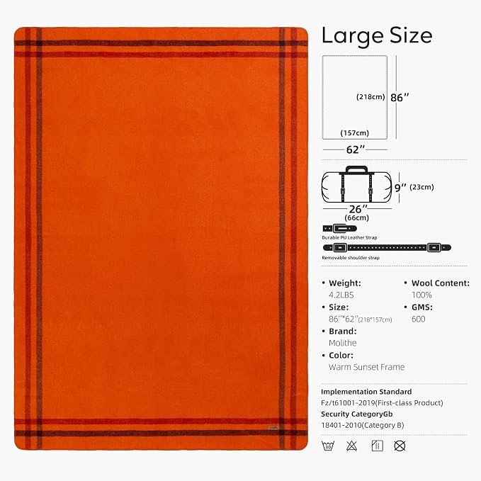 Molithe 100% Wool Blanket, 62" x 86", Warm, Thick, Washable, Military | Great for Camping, Outdoors, Sporting Events, Survival Kits Warm Sunset Frame