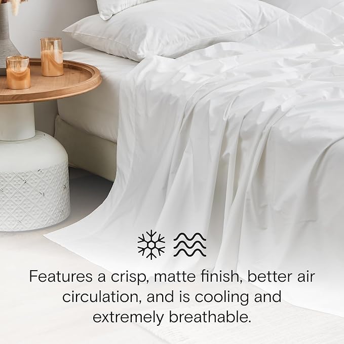 DOZ 100% GOTS Certified Organic Cotton Sheet Set, Crisp Percale Weave, Long Staple, Breathable, Matte Finish, Hotel Style, Durable, 3pc – 2 Pillowcases 1 Fitted (Snow, Queen)