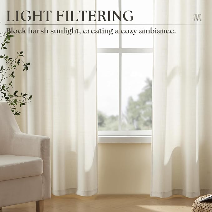 92 Inches Long Linen Curtains 2 Panels Set for Living Room Dining Grommet Semi Sheer Cottagecore Farmhouse Modern Drapery Boho Privacy 92 Inch Length Window Curtain for Bedroom Cream Ivory