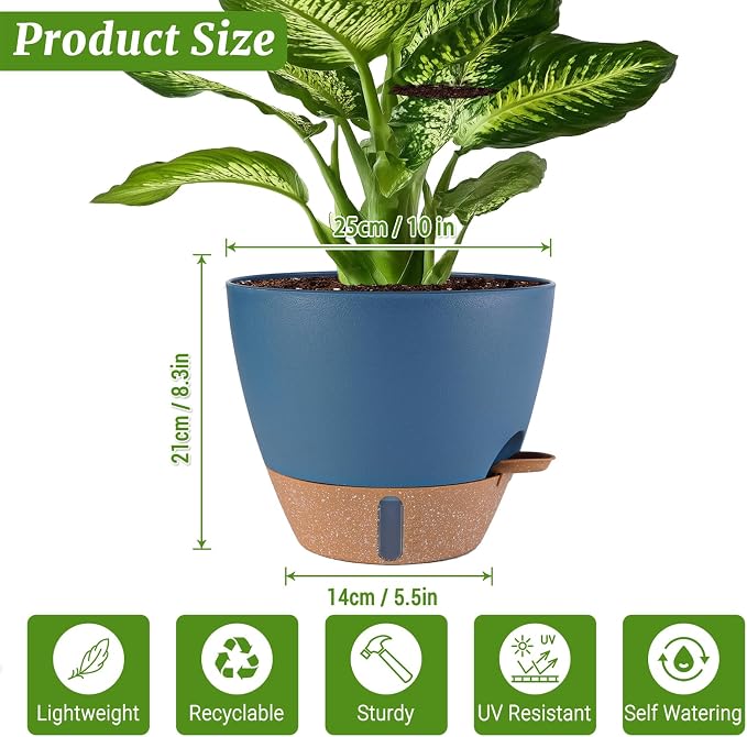2 Pack 10 inch Plant Pots, Plastic Self Watering Planters with Drainage Holes, Deep Reservoir, Water Level Indicator, Modern Decorative Flower Pots for Indoor Outdoor Plants (Navy Blue, 10 inch)