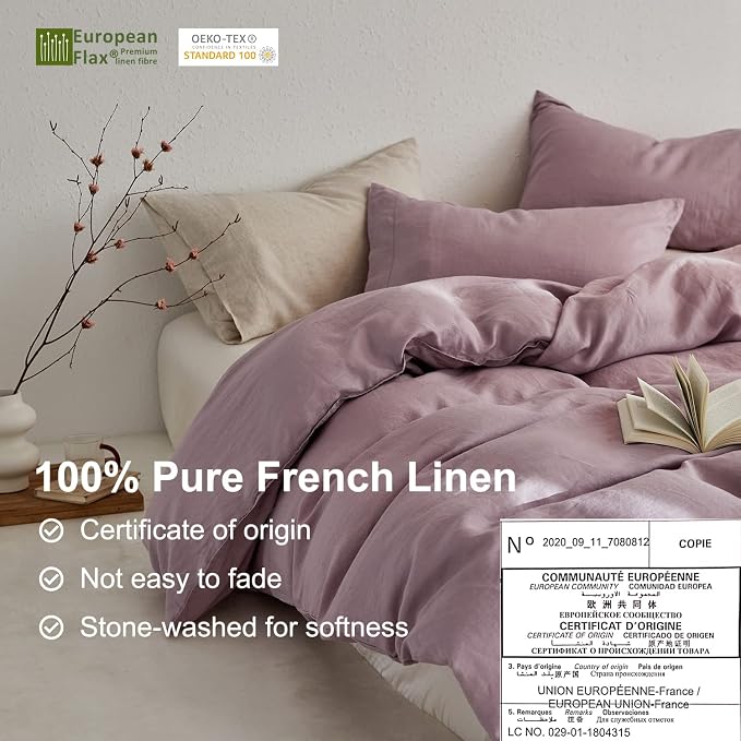 TOSMO Linen Duvet Cover Set, 100% French Flax Natural Linen Bedding 3pcs Set, Soft Breathable for Hot Sleepers 1 Duvet Cover and 2 Pillowcases (Light Lilac, Queen)