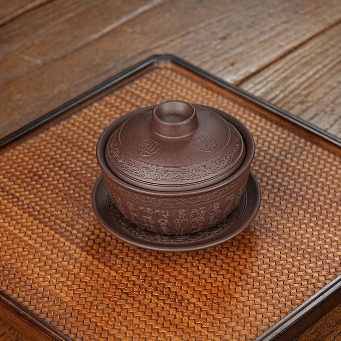 Yixing Zisha Purple Clay Gaiwan 5 Oz/150ml,Chinese Kungfu Tea Bowl Cup,Blooming and Loose Leaf Tea Maker Set -Baifu,Purple Clay