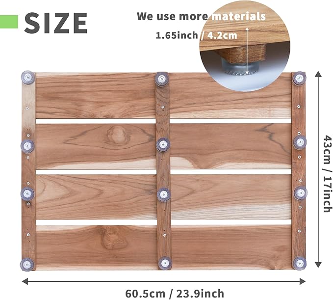 Teak Shower Mat, (24"x17") Wood Bath Mat for Bathroom, Heavy Outdoor Non-Slip Wooden Floor Mats for Spa or Sauna