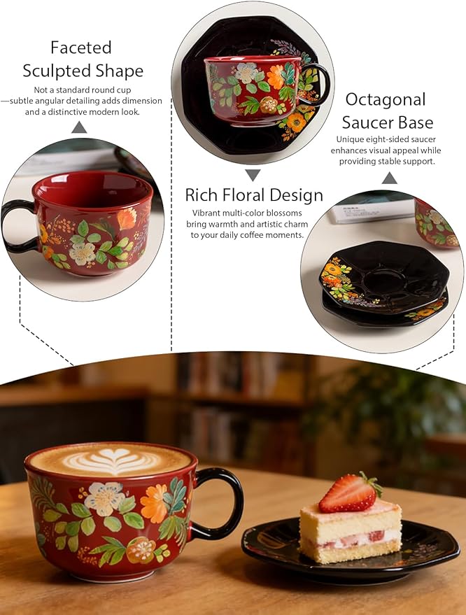 Red Floral Coffee Cup and Saucer Set, 9.5 oz (280ml) Ceramic Tea Cup with Saucer, Glossy Finish Vintage Botanical Mug for Espresso, Cappuccino, Latte, Home Kitchen, Office, Gift for Women