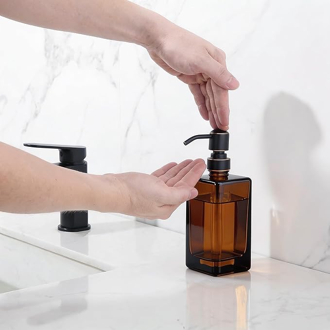 13.5 Oz Coffee Glass Soap Dispenser with Rust Proof Stainless Steel Pump, Antique Design Refillable Square Lotion Dispenser for Bathroom, Premium Kitchen Hand Soap (Oil Rubbed Bronze)