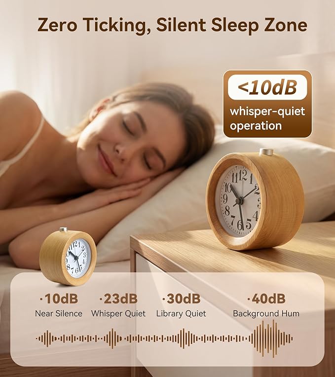 Wood Analog Alarm Clock - Non-Ticking Silent Small Round Clock, Battery Operated with Warm Night Light & Snooze Button for Students,Men,Women for Bedrooms/Desk/Bedside/Shelf, 3.7x3.7x1.7in